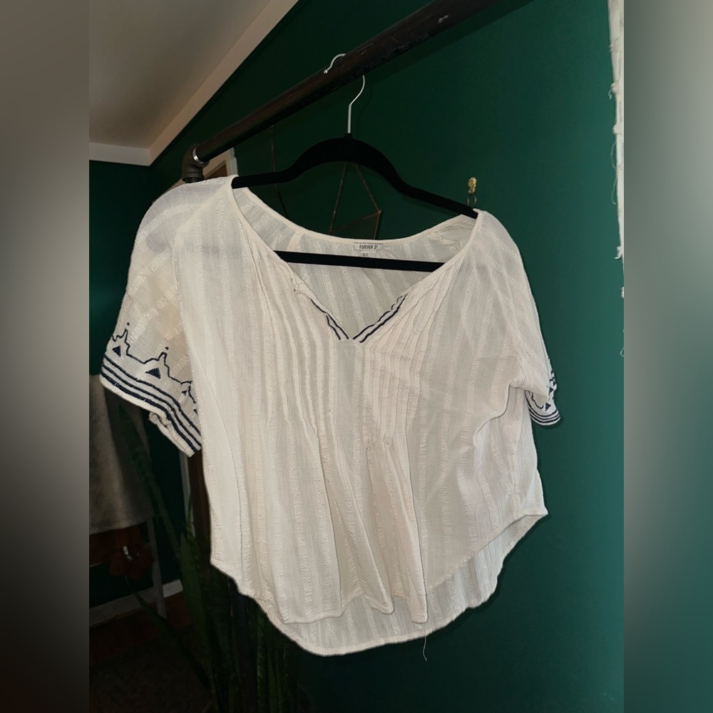 White Blue Aztec Trim Blouse